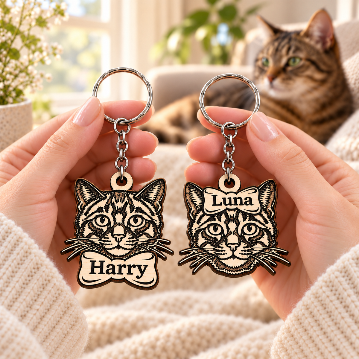 Two personalised wooden cat keyrings held centrally in hands, with Harry on the bottom bow and Luna on the top bow, and a tabby cat in the background.