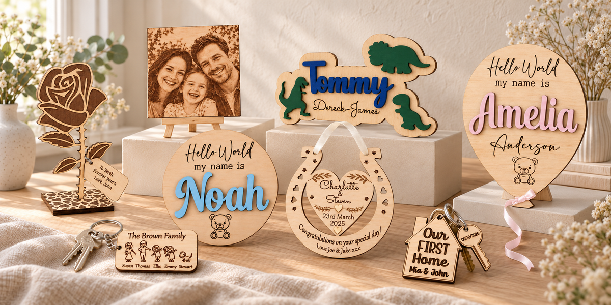 Personalised wooden keepsakes arranged together on a light oak table and ivory display blocks, including baby plaques, a dinosaur name sign, rose, photo, wedding horseshoe and keyrings.