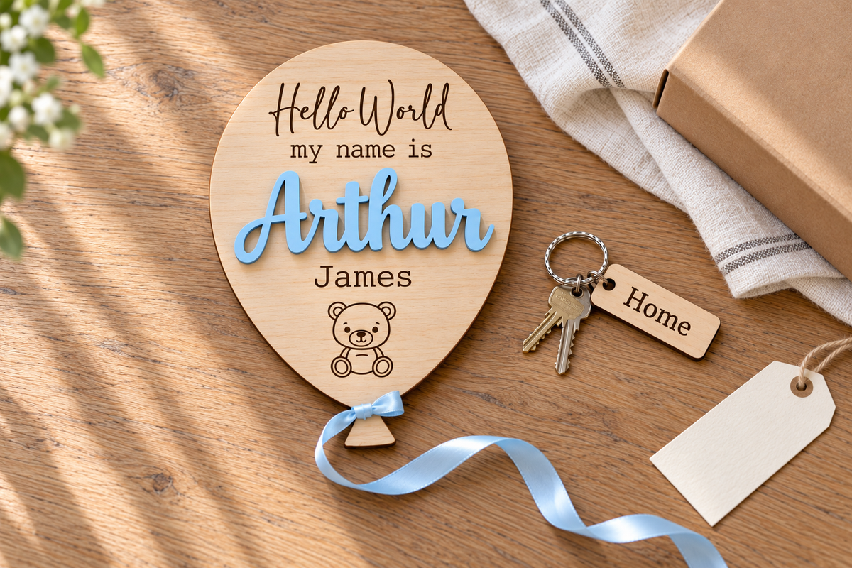 A wooden balloon with Arthur in raised pastel blue lettering and James engraved below, beside an engraved Home keyring on an oak table.