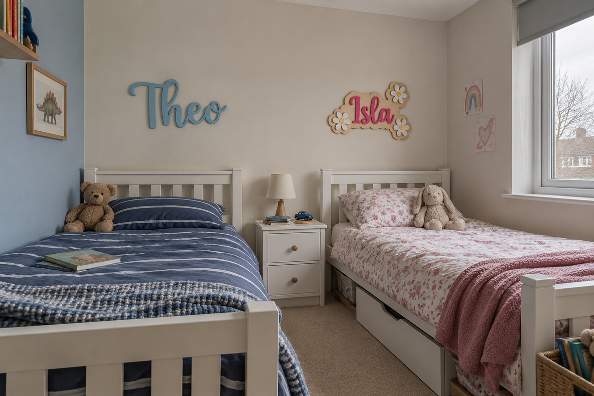 Illustrative shared children's bedroom with white twin beds, blue and floral bedding, and Theo and Isla name signs.