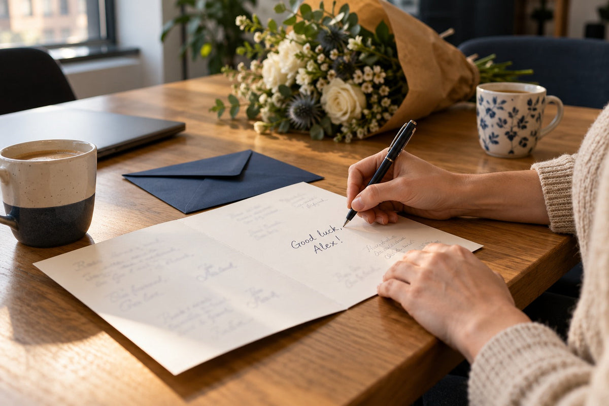A colleague writing Good luck, Alex in a shared leaving card at an office table, with coffee cups and flowers