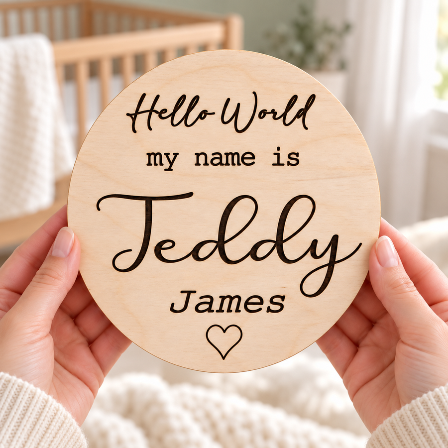 Birth announcement sign held in hands in a bright nursery, engraved Hello World my name is Teddy James with a heart