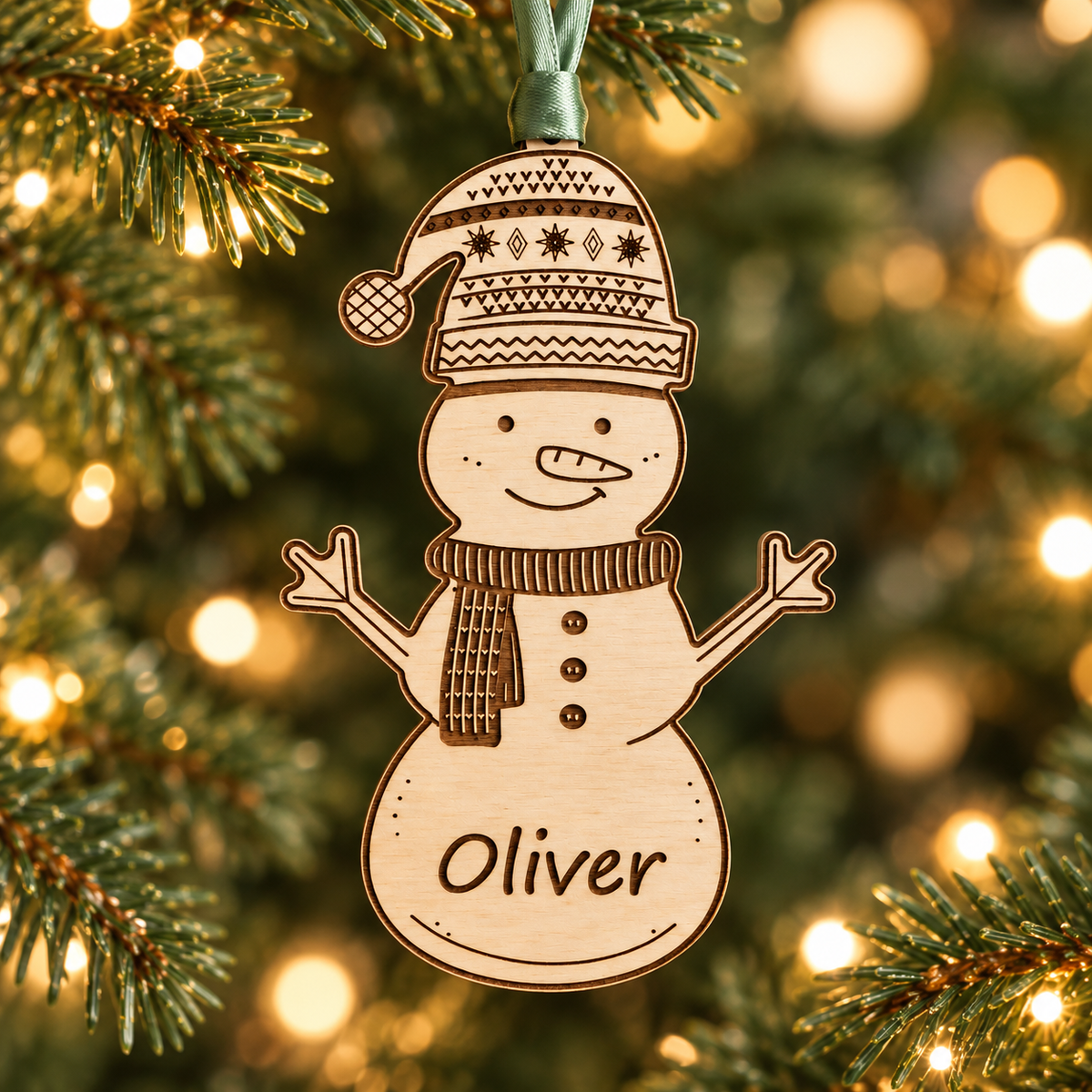 Personalised wooden snowman bauble engraved Oliver, hanging on a Christmas tree with sage green ribbon.