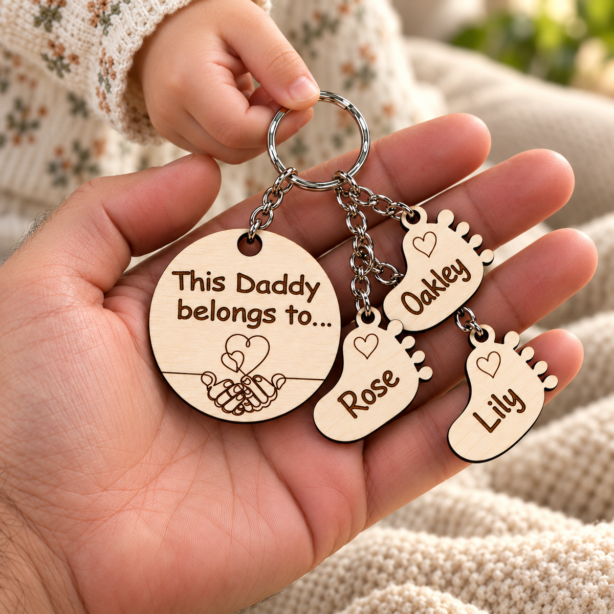 Child giving Dad a personalised wooden This Daddy belongs to keyring with Oakley, Rose and Lily footprint charms.