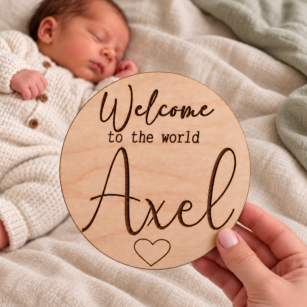 Welcome to the World sign held centrally beside a sleeping newborn, with dark Axel engraving and a heart on natural wood