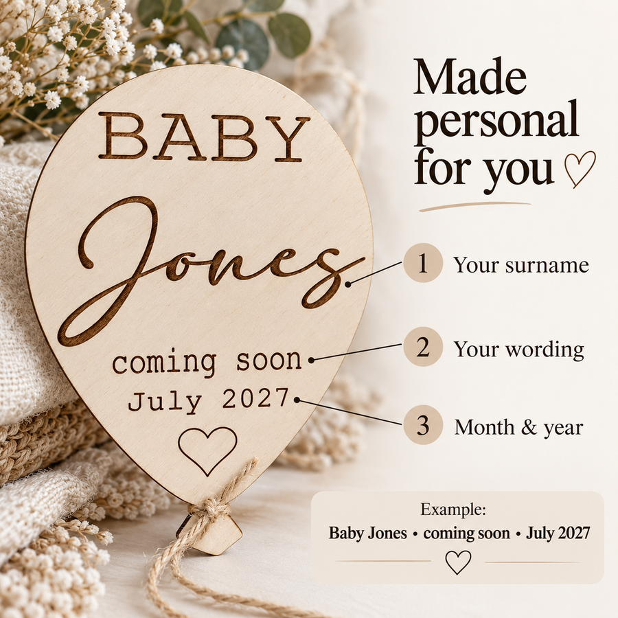 Personalisation guide showing surname, wording and due month and year on the wooden balloon