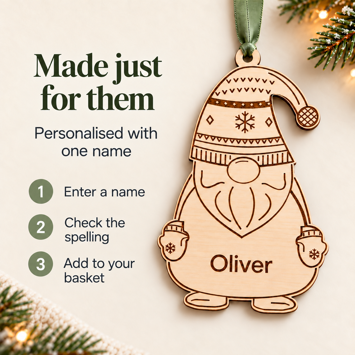 Personalisation guide beside a wooden gnome bauble: enter one name, check the spelling and add to your basket.
