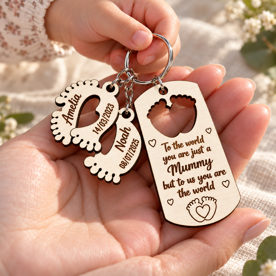 A personalised Mummy keyring being given as a gift, with two engraved baby feet charms.