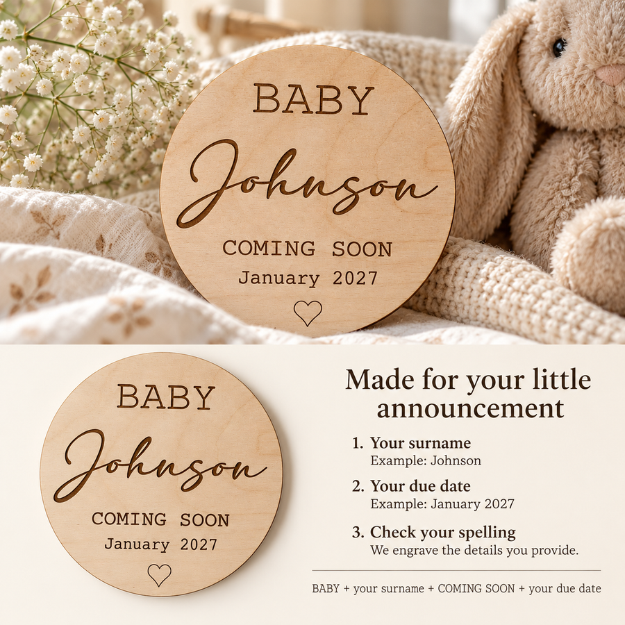 Personalisation guide showing where the surname and due month and year appear on the wooden plaque