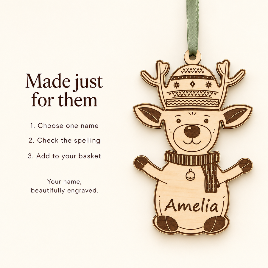 Personalisation guide beside a wooden reindeer bauble: choose one name, check the spelling and add to your basket.