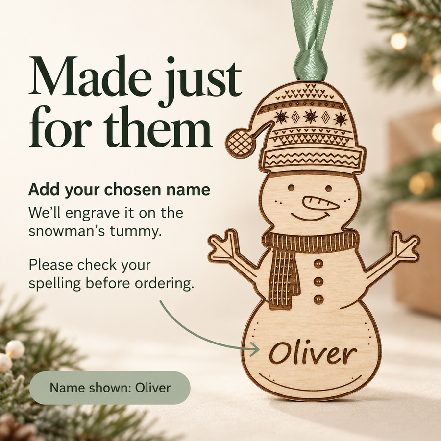 How to personalise the snowman bauble: add a chosen name for engraving on the tummy and check the spelling.