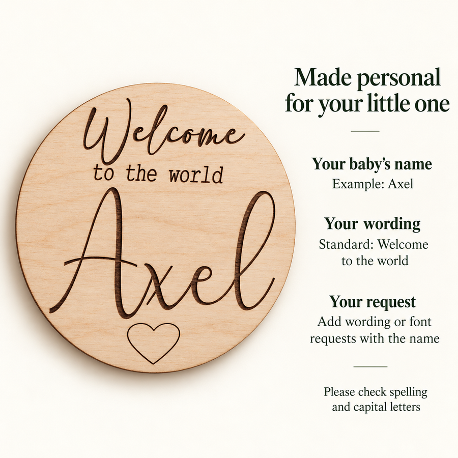 Personalisation guide for the wooden Welcome to the World sign showing the baby name, wording and font request instructions