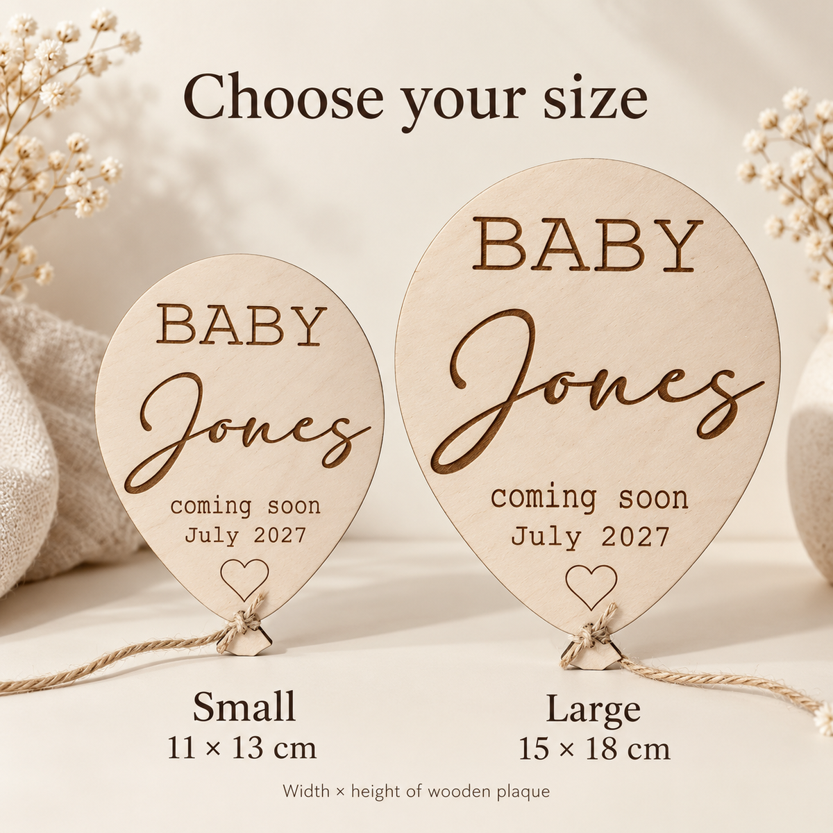 Small 11 by 13 cm and Large 15 by 18 cm wooden balloon plaque size comparison