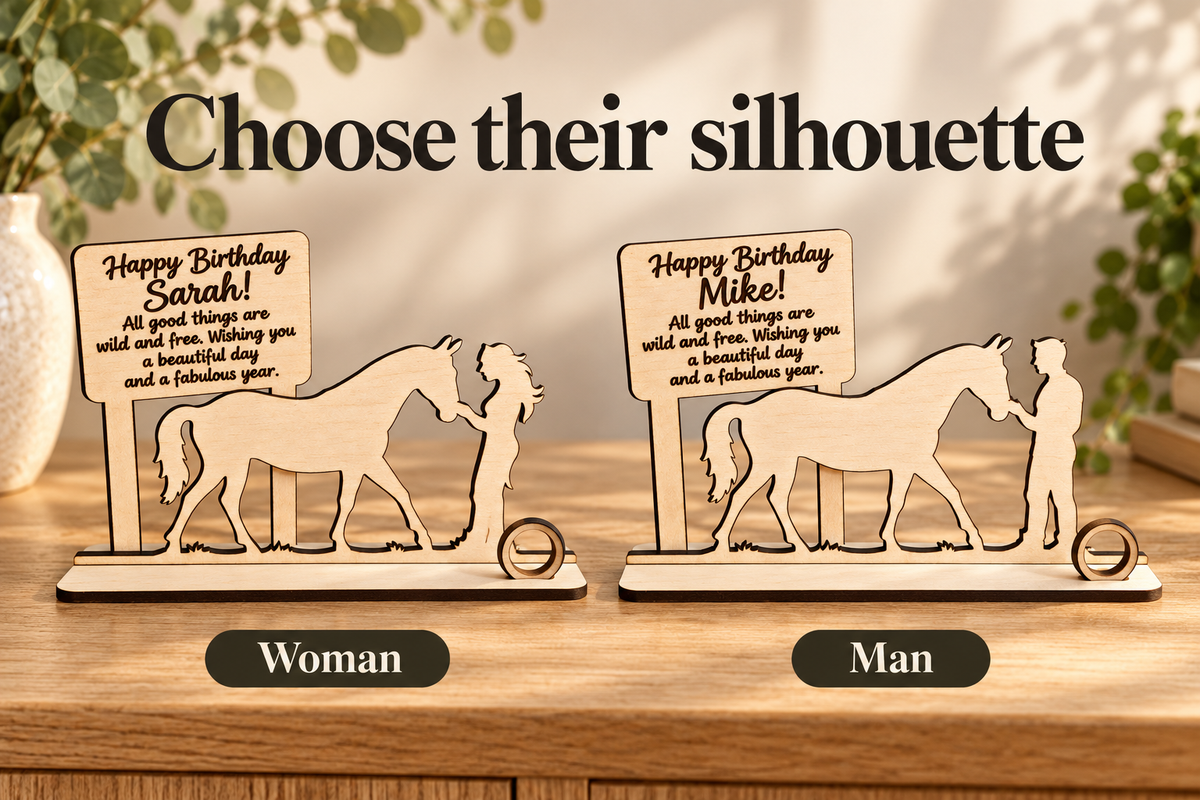 Woman and man silhouette options for the personalised horse lover gift, shown side by side