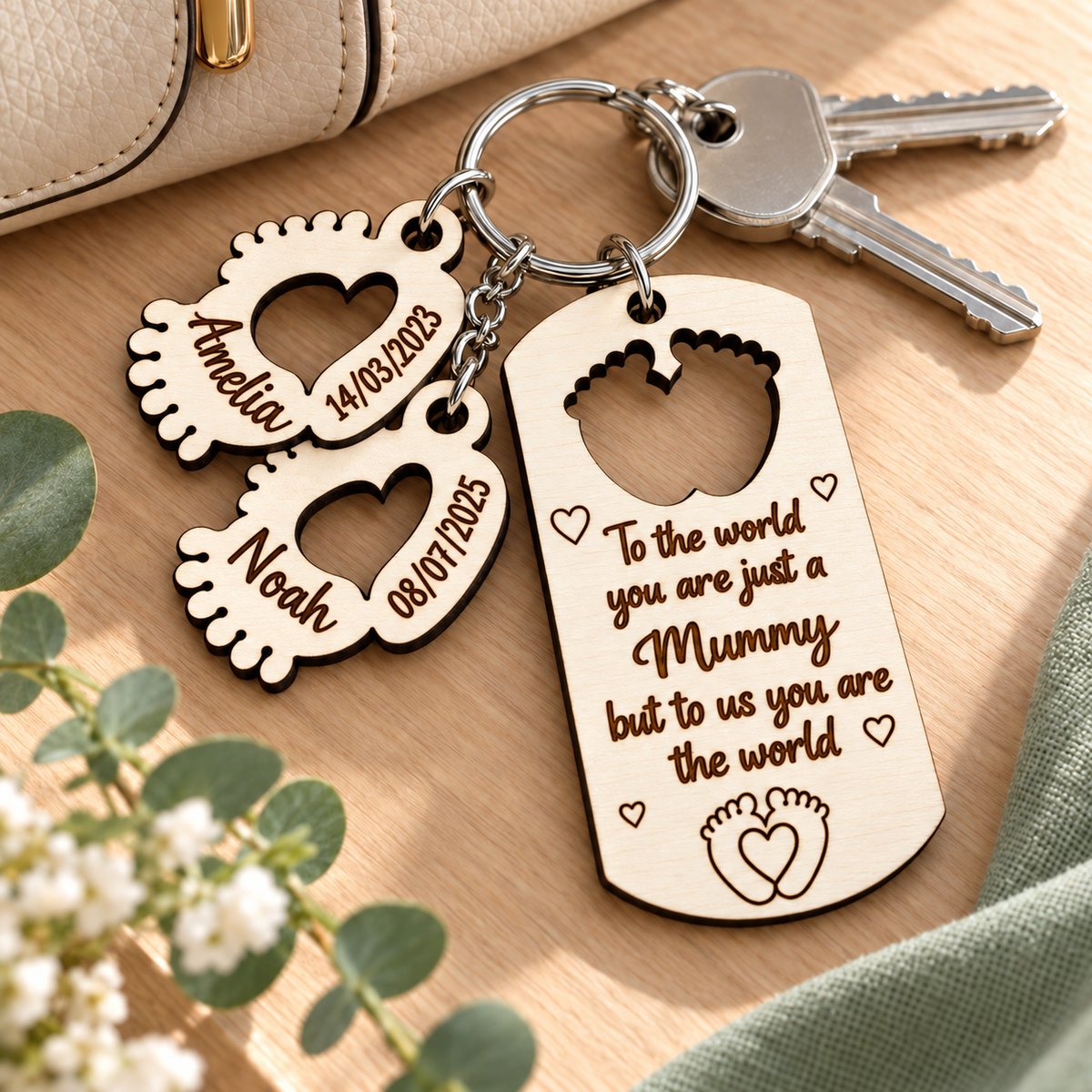 Personalised Mummy keyring with Amelia and Noah charms attached to house keys beside a cream handbag.