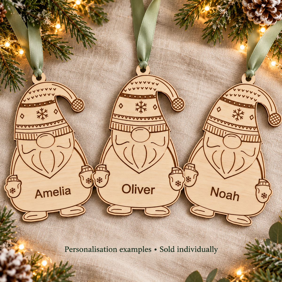 Wooden gnome baubles engraved with Amelia, Oliver and Noah, showing personalisation examples; sold individually.