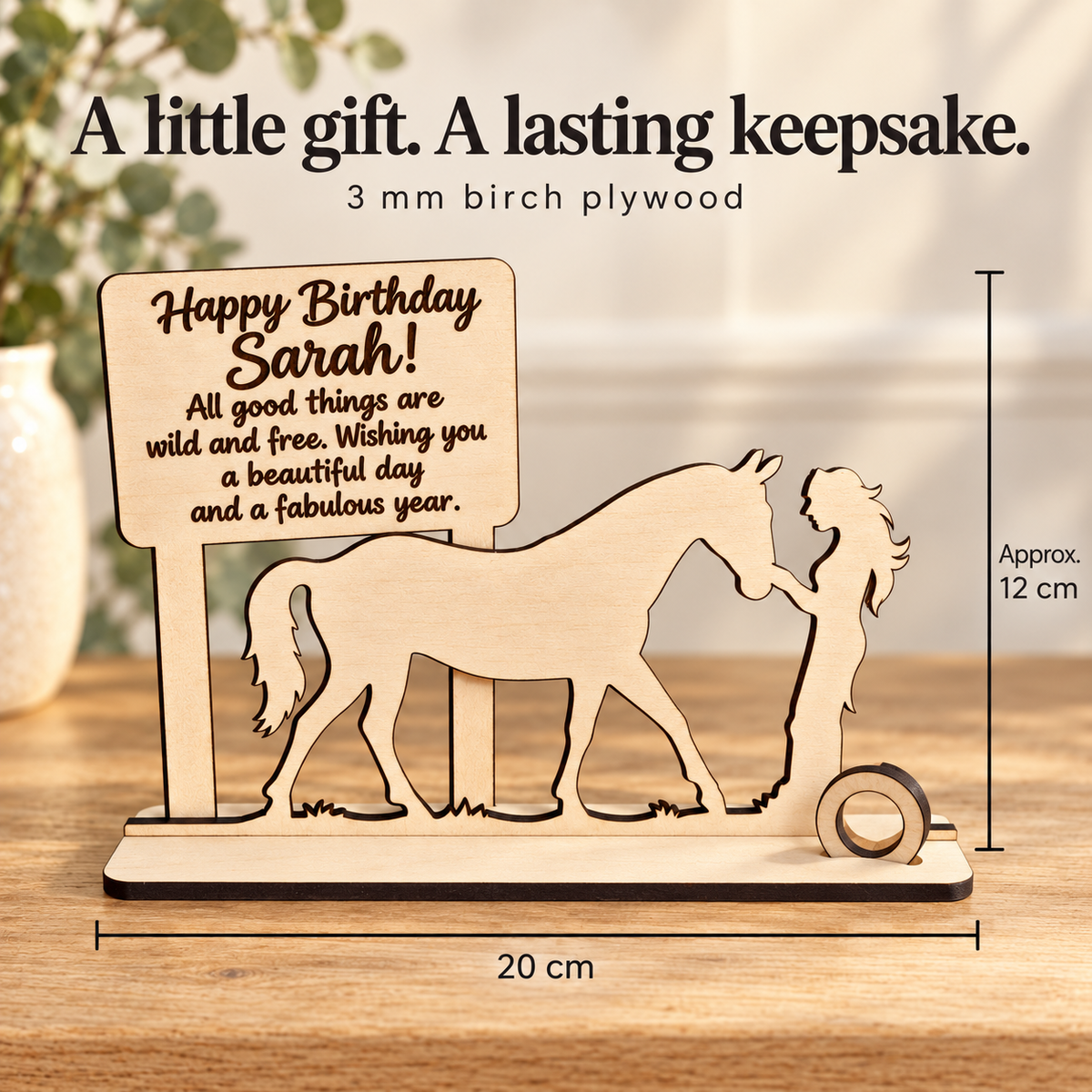 Wooden horse money holder dimensions: 20 cm wide, approximately 12 cm high, made from 3 mm birch plywood
