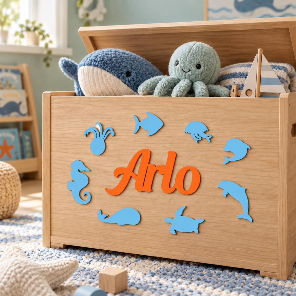 Orange Arlo personalised wooden name and Pastel Blue sea animals on a children's toy box