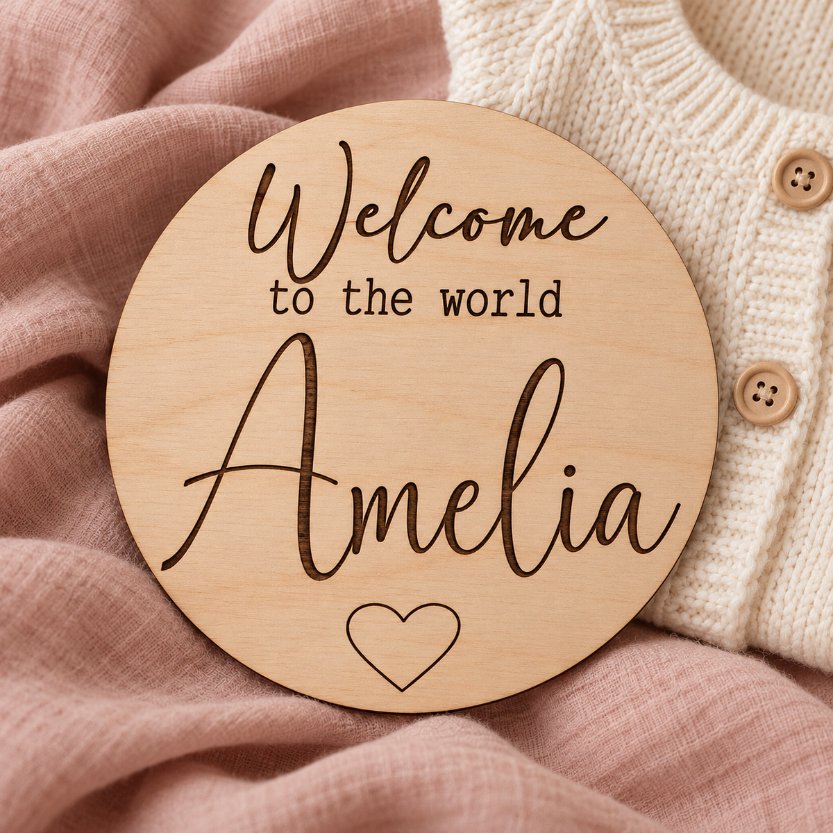 Welcome to the World wooden plaque engraved Amelia with a heart, styled on blush linen beside ivory knitwear