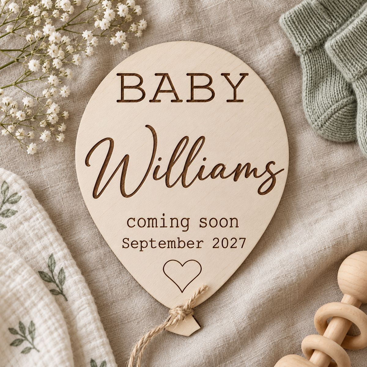 Personalised Baby Williams coming soon balloon sign with September 2027 date