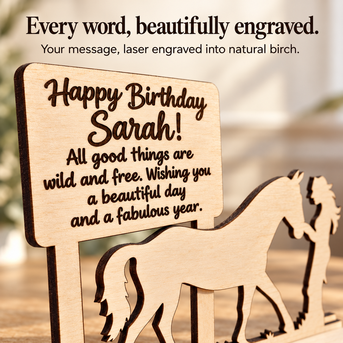 Close-up of crisp dark laser engraving, natural birch grain and the horse gift’s cut edges