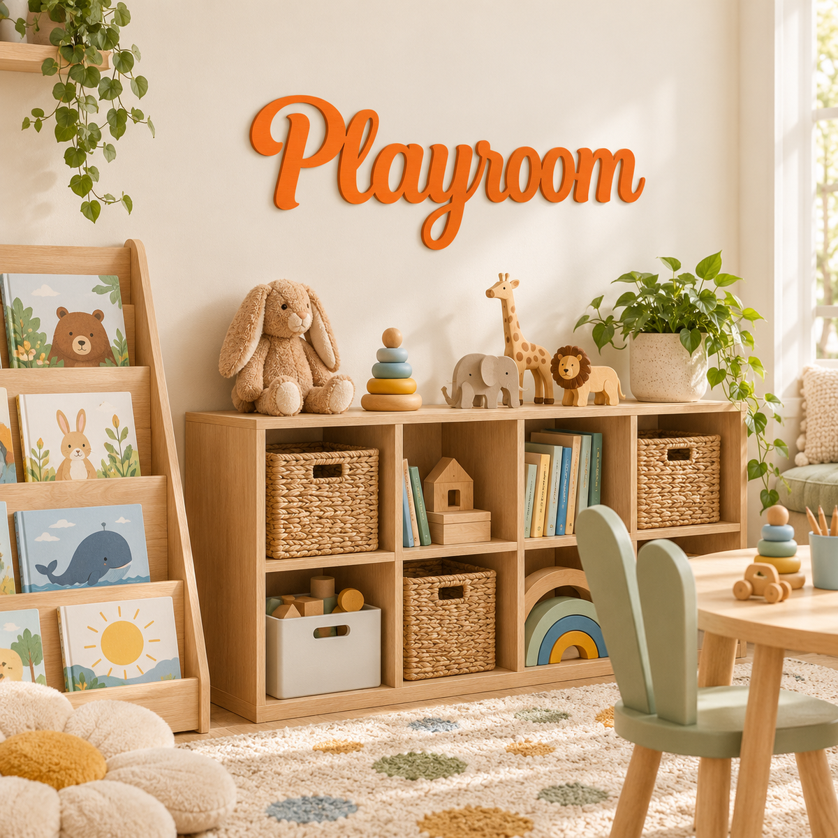Orange Playroom wooden wall letters above toy storage and a book rack in a furnished children's playroom