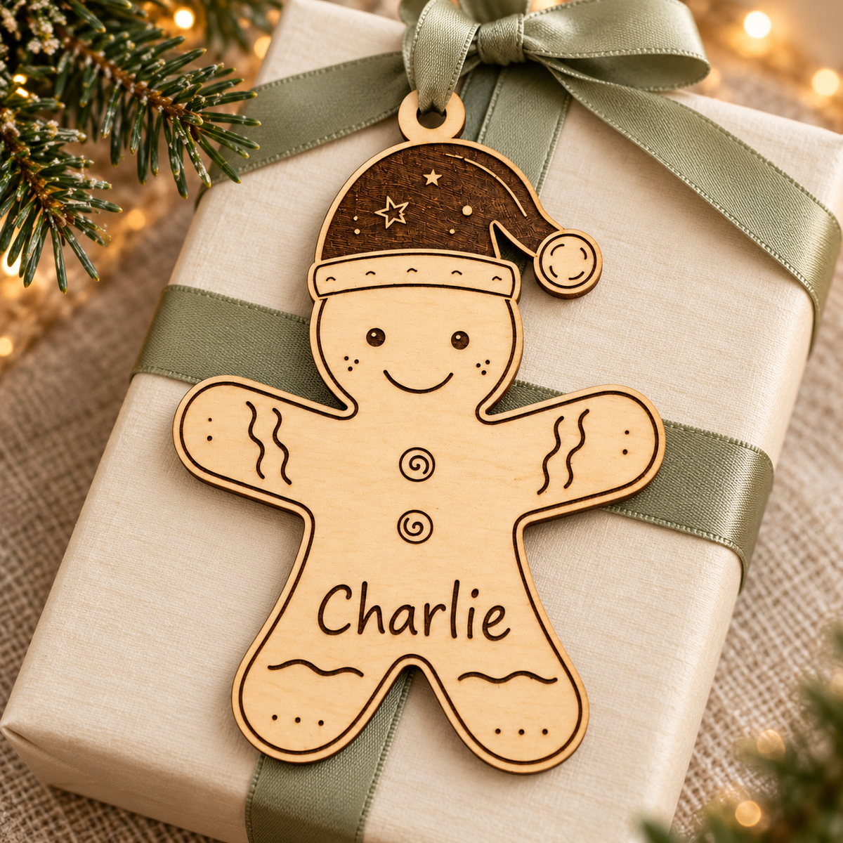 Personalised wooden gingerbread man used as a Christmas gift topper on an ivory parcel with sage green ribbon