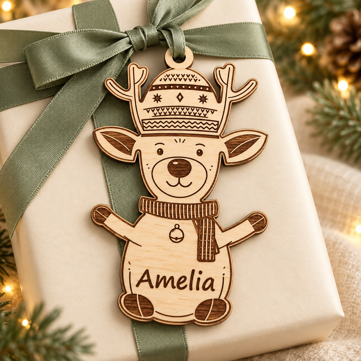 Personalised Amelia reindeer ornament styled as a reusable name gift topper on an ivory Christmas present with sage ribbon.