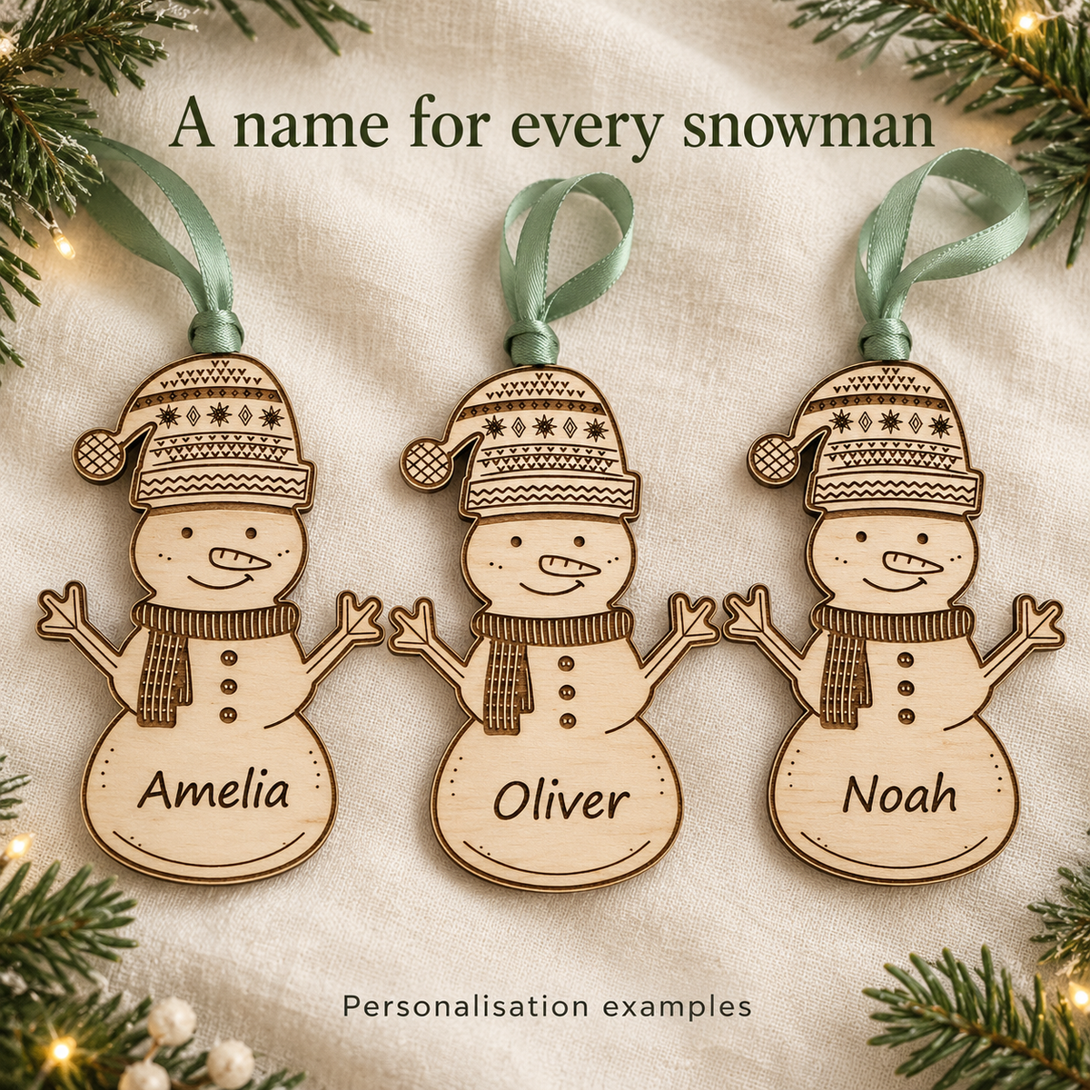 Snowman bauble personalisation examples with Amelia, Oliver and Noah engraved on separate wooden ornaments.