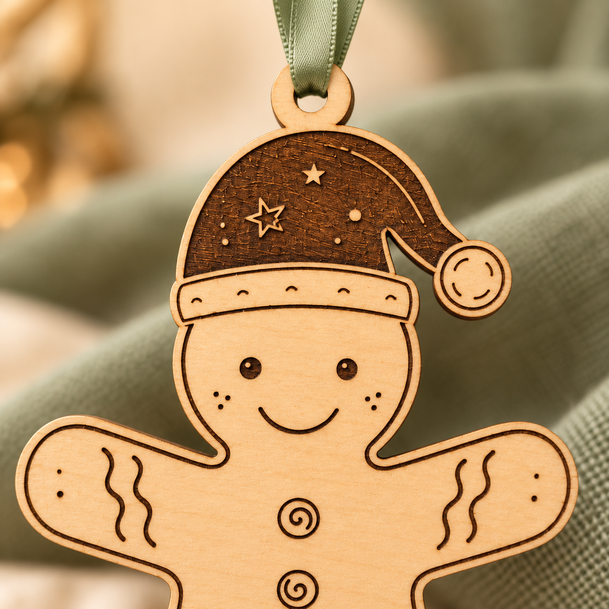 Detail of the gingerbread bauble's engraved Santa hat, smiling face and sage green satin hanging ribbon