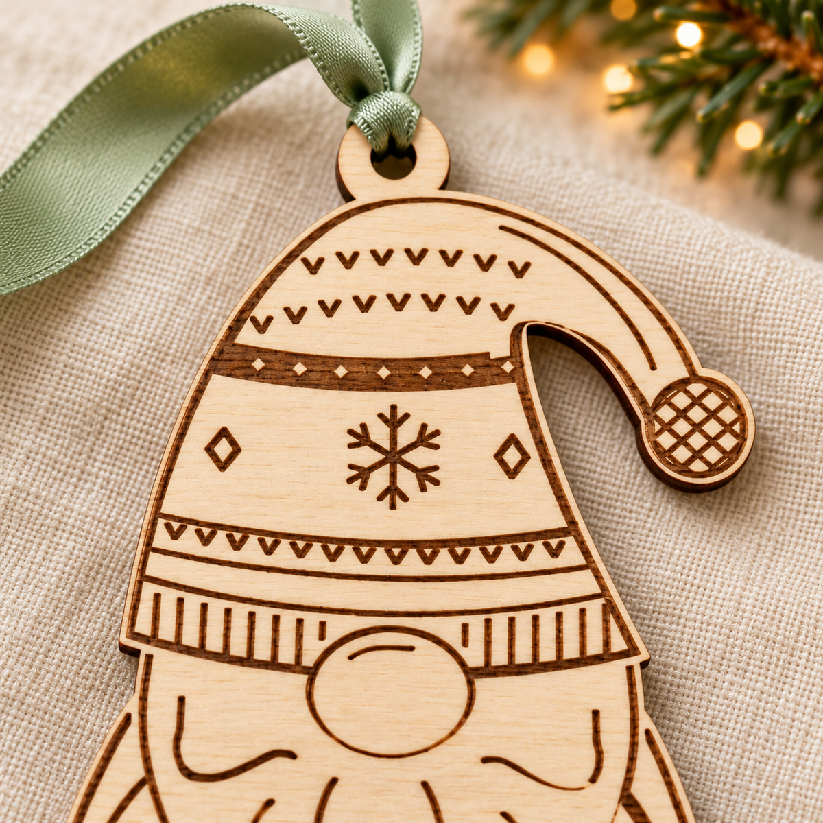 Detail of the sage green satin hanging ribbon and patterned hat on the wooden Christmas gnome bauble.
