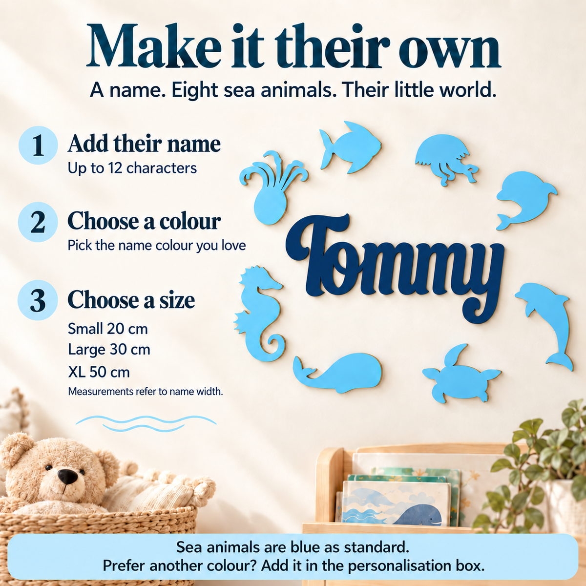 Personalisation guide showing a Navy Blue Tommy name and eight Pastel Blue sea animals