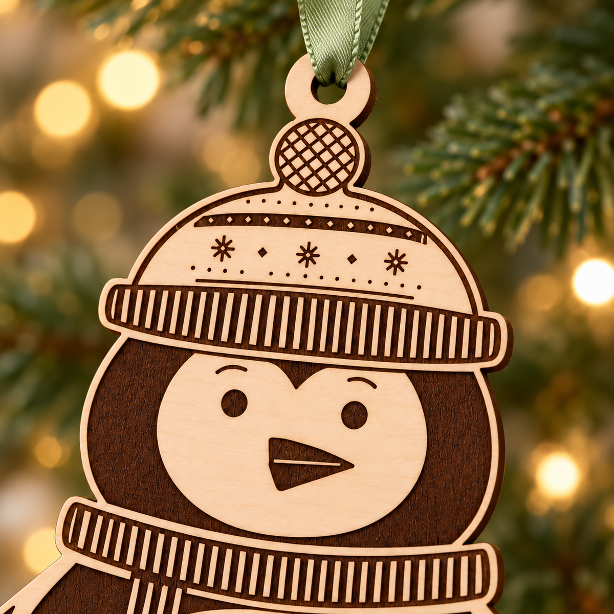 Close-up of the penguin ornament's patterned winter hat, face and sage green satin hanging ribbon
