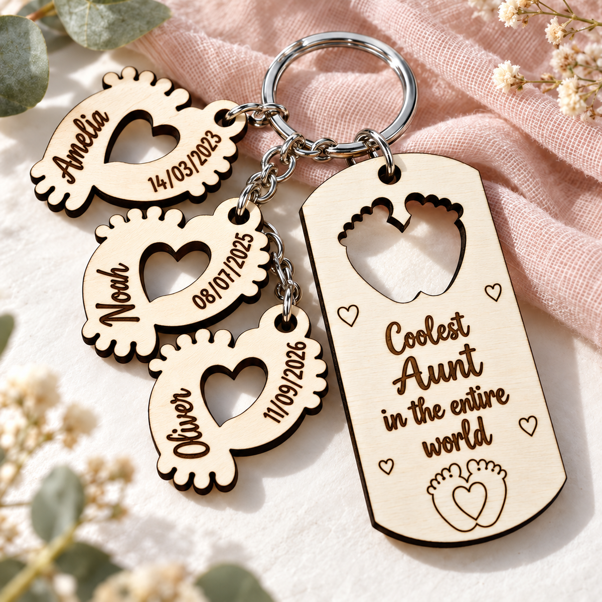 Personalised Aunt keyring with Coolest Aunt in the entire world message and Amelia, Noah and Oliver charms.