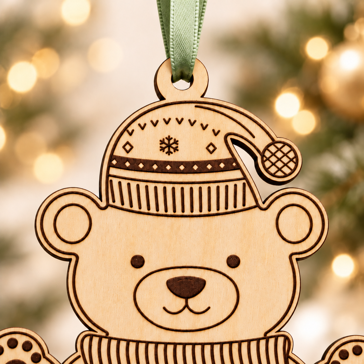Detail of the sage green satin hanging ribbon, wooden hanging loop and engraved winter hat on the polar bear bauble.