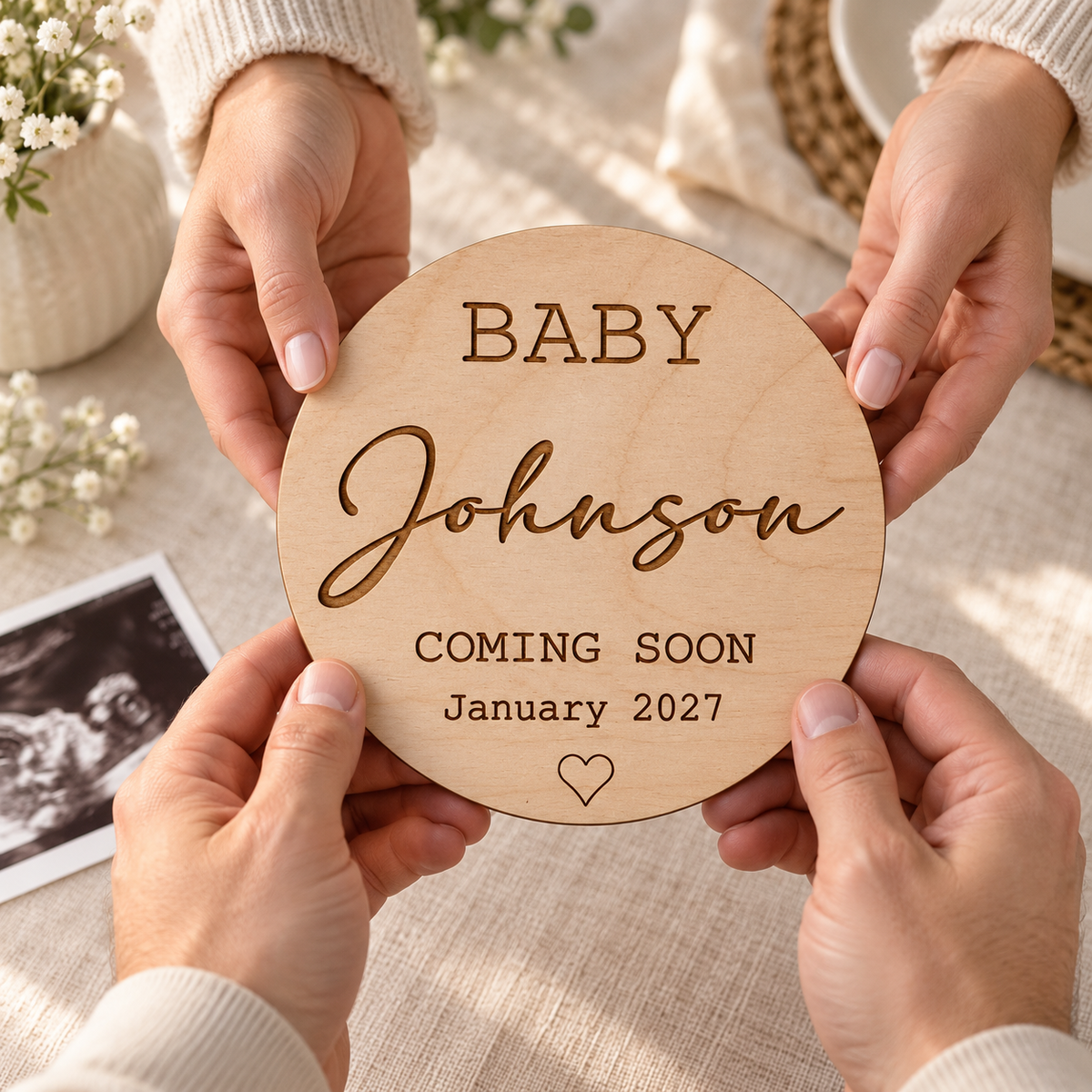 Personalised wooden pregnancy announcement plaque being handed to family