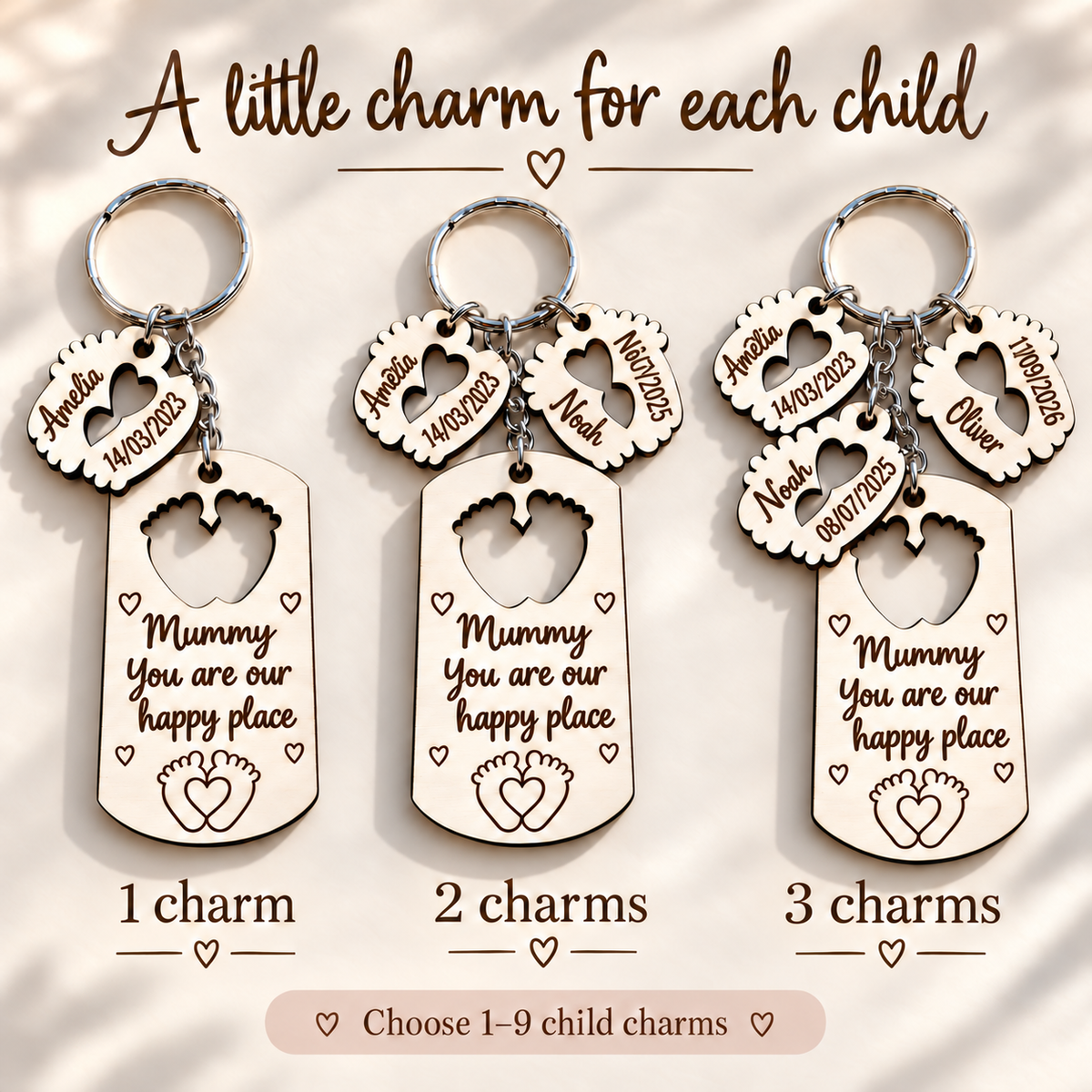 Comparison of personalised wooden keyrings with one, two and three baby feet charms; choose one to nine.
