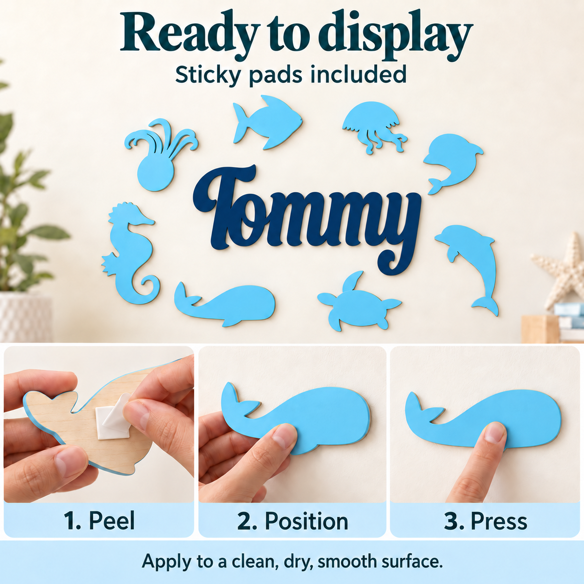 Sticky pad mounting guide for the wooden ocean name sign and separate sea animals