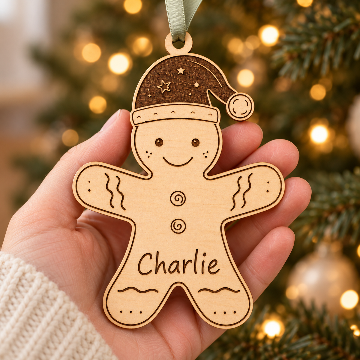 Personalised gingerbread man bauble held in an adult hand with warm Christmas lights in the background