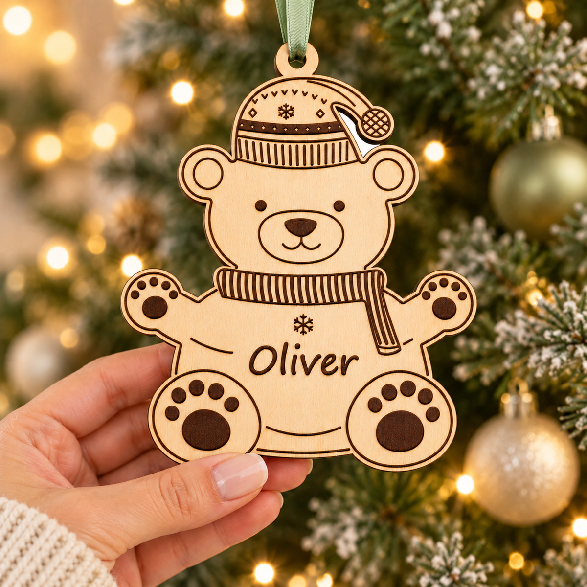 An adult hand holding the personalised Oliver polar bear bauble in front of a softly lit Christmas tree.