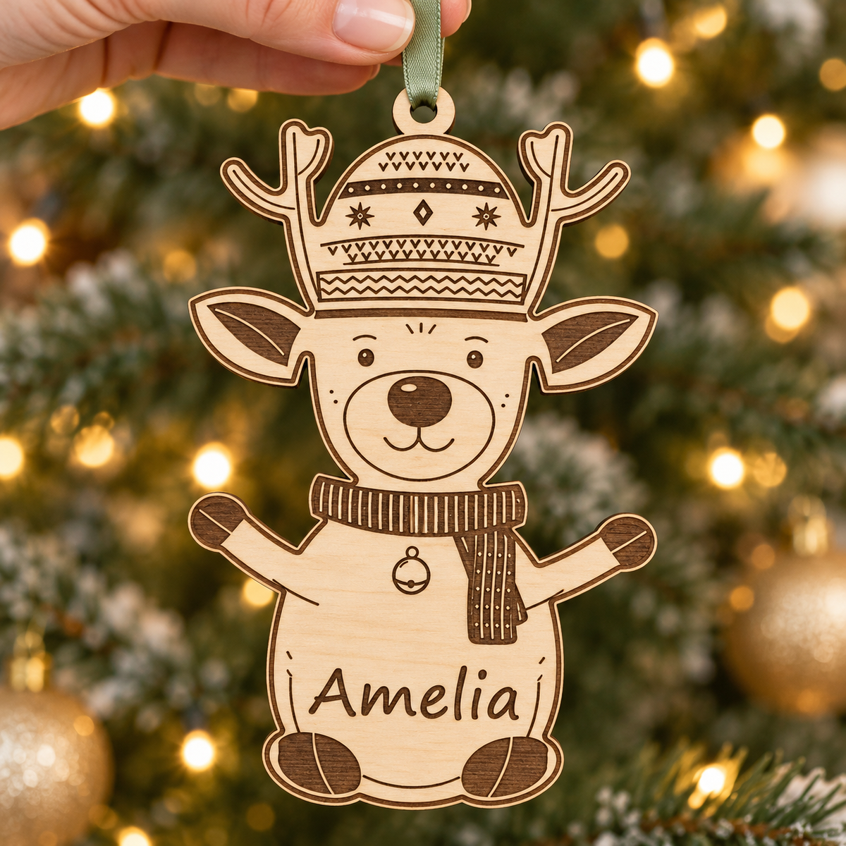 An adult hand holding the personalised Amelia wooden reindeer bauble by its sage ribbon in front of a Christmas tree.