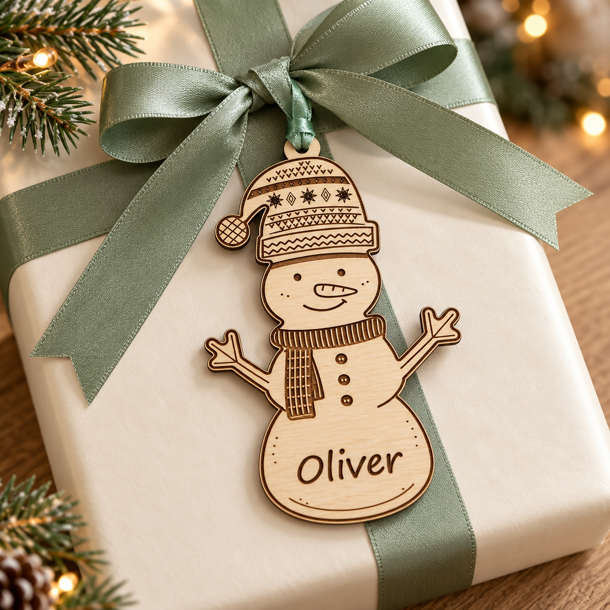 Personalised Oliver snowman ornament styled as a gift topper on an ivory-wrapped Christmas present.