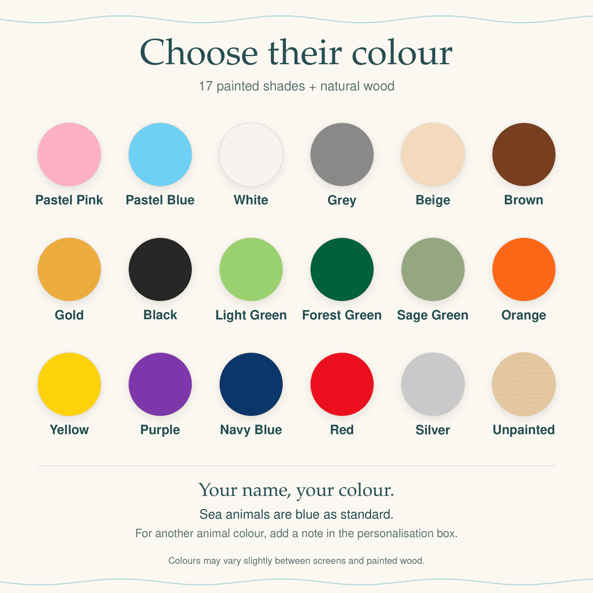 Name colour chart showing 17 painted finishes and the Unpainted natural wood option