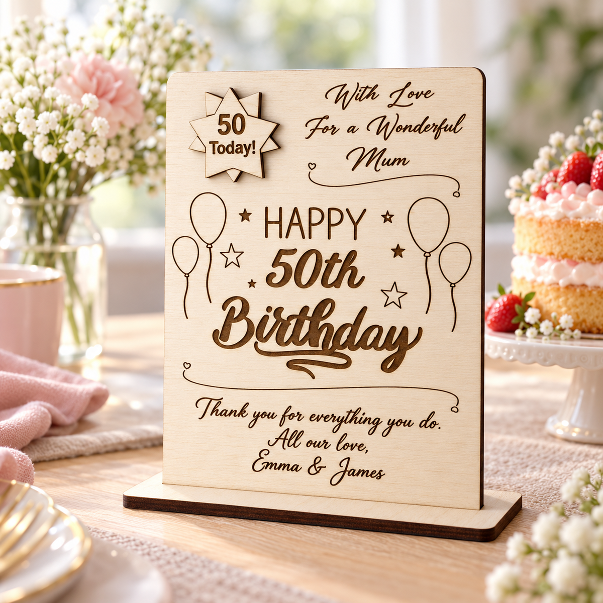 Personalised 50th birthday card for Mum with a message from Emma and James
