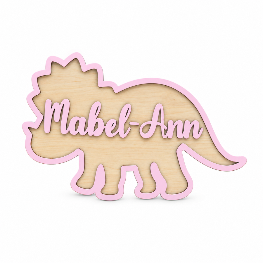 Personalised Wooden Dinosaur Name Sign for Kids Bedroom, Pink