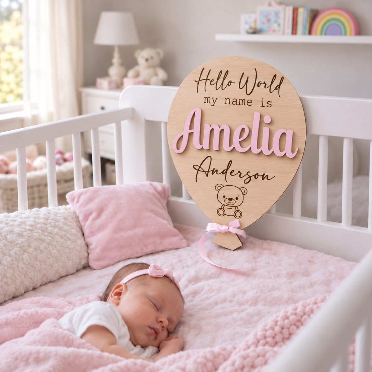 Amelia Anderson personalised wooden birth announcement balloon with Pastel Pink raised name and Pink ribbon in a soft pink nursery.