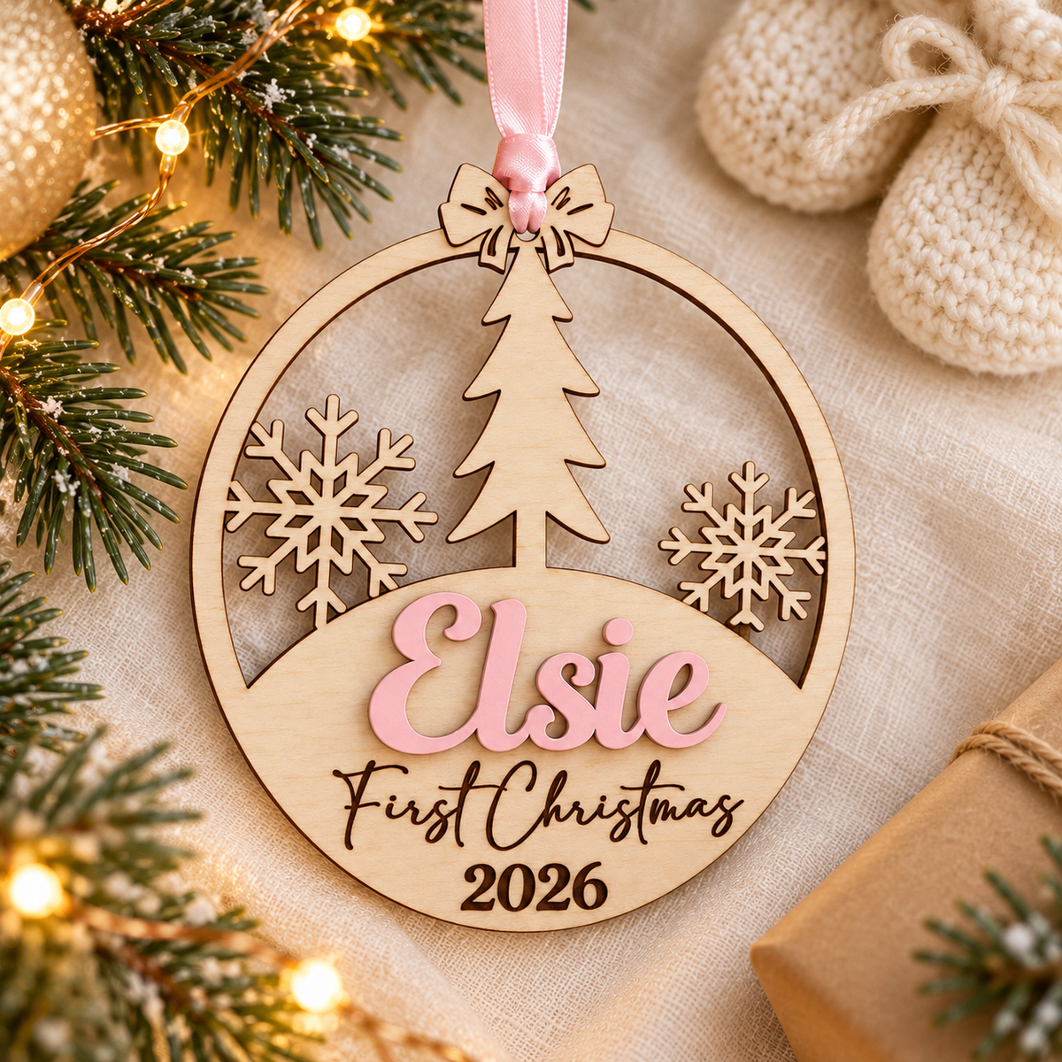 Personalised first Christmas keepsake bauble with pastel pink name and ribbon beside baby booties in a festive flatlay