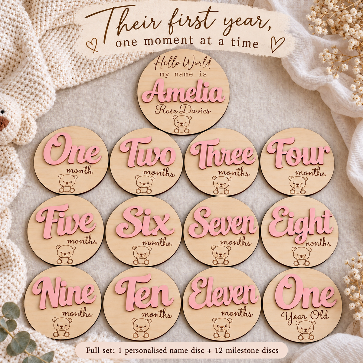 Full set of 13 wooden baby milestone plaques with Amelia name disc, one to eleven months and One Year Old.