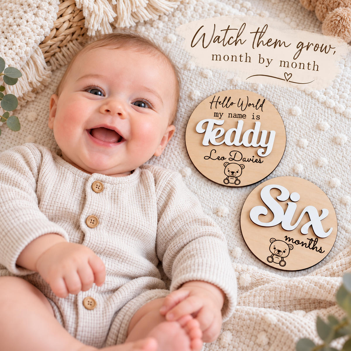 Six-month baby photograph with matching White name and Six months wooden milestone discs.