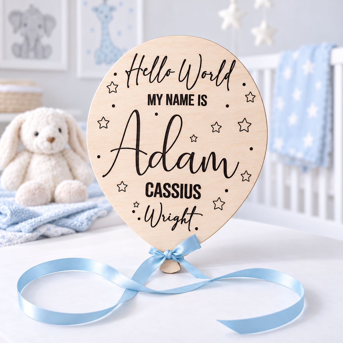 Hello World baby name reveal balloon with stars, Adam Cassius Wright engraving and blue ribbon